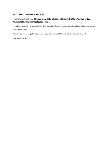 Linked image to Street Closure 9th Avenue